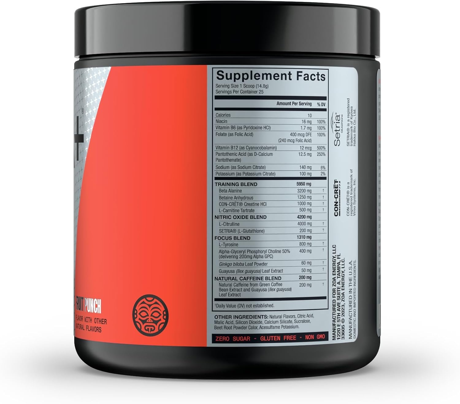 imageZOA Zero Sugar Pre Workout Powder Fruit Punch NSF Certified for Sport with Electrolytes Creatine Beta Alanine Ginkgo Biloba 200mg Caffeine 25 Servings
