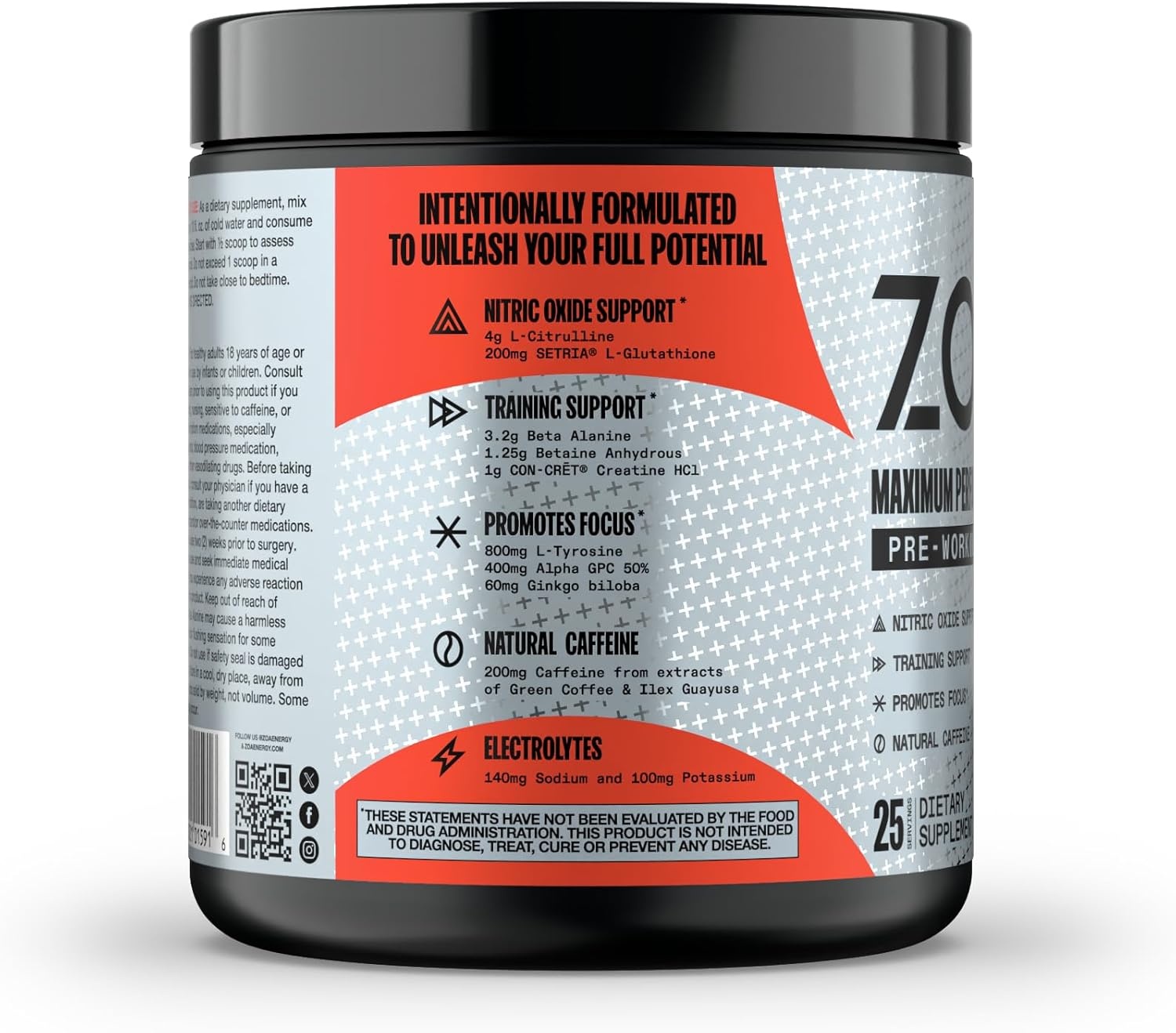 imageZOA Zero Sugar Pre Workout Powder Fruit Punch NSF Certified for Sport with Electrolytes Creatine Beta Alanine Ginkgo Biloba 200mg Caffeine 25 Servings